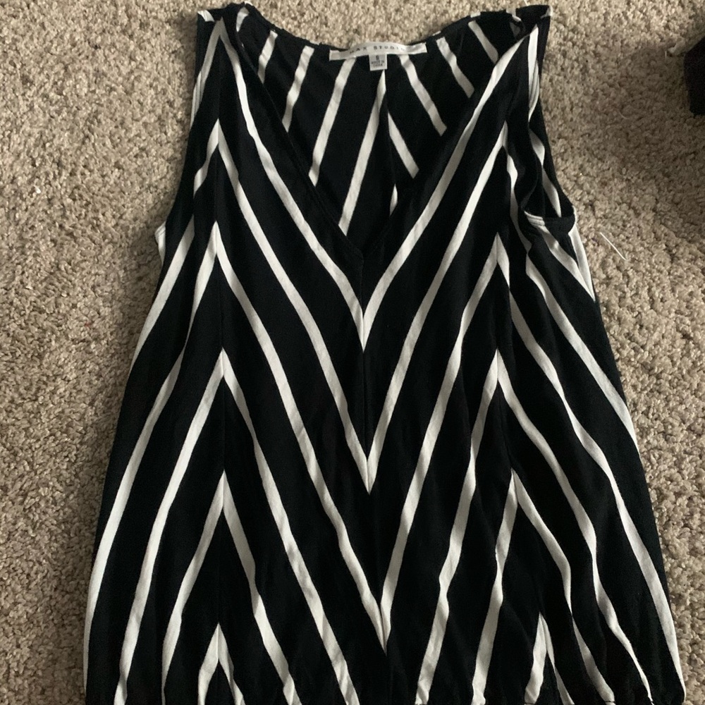 white and black stripe tankT with tie at bottom